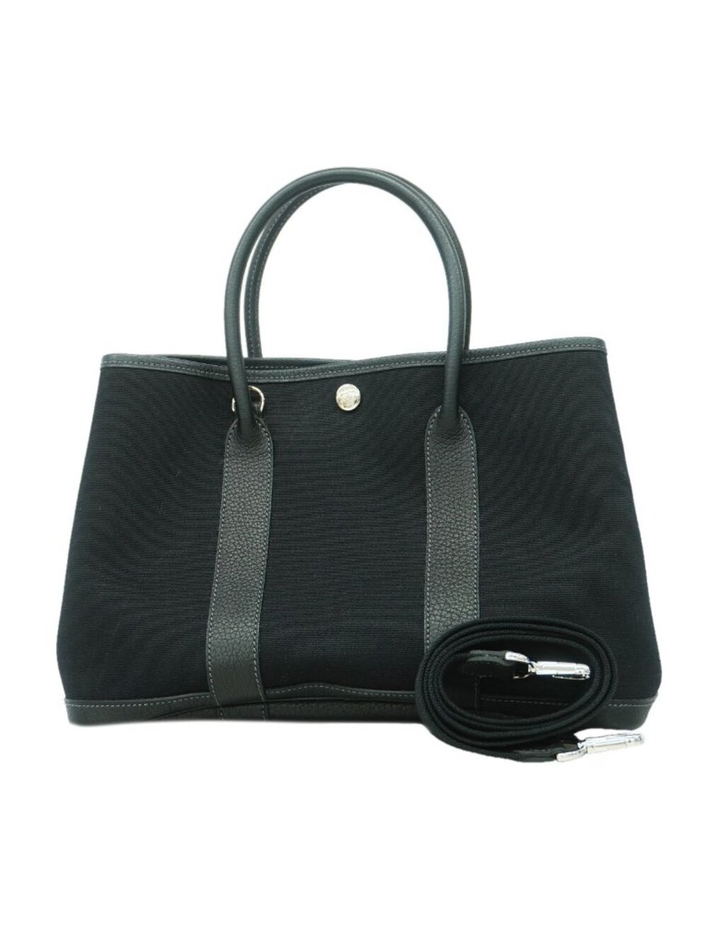 Hermes Tote Bag Garden Party TPM Toile Officier Black Silver 2-Way